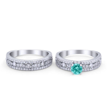 Art Deco Two Piece Bridal Set Wedding Ring Band Round Simulated Paraiba Tourmaline CZ 925 Sterling Silver